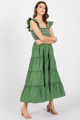 Green Embroidered Smocked Midi Dress