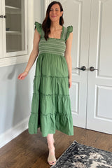 Green Embroidered Smocked Midi Dress