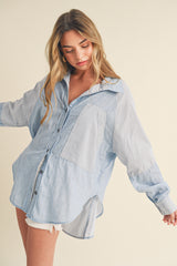 Light Blue Striped Colorblock Button Up Top