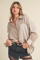 Beige Striped Colorblock Button Up Maternity Top