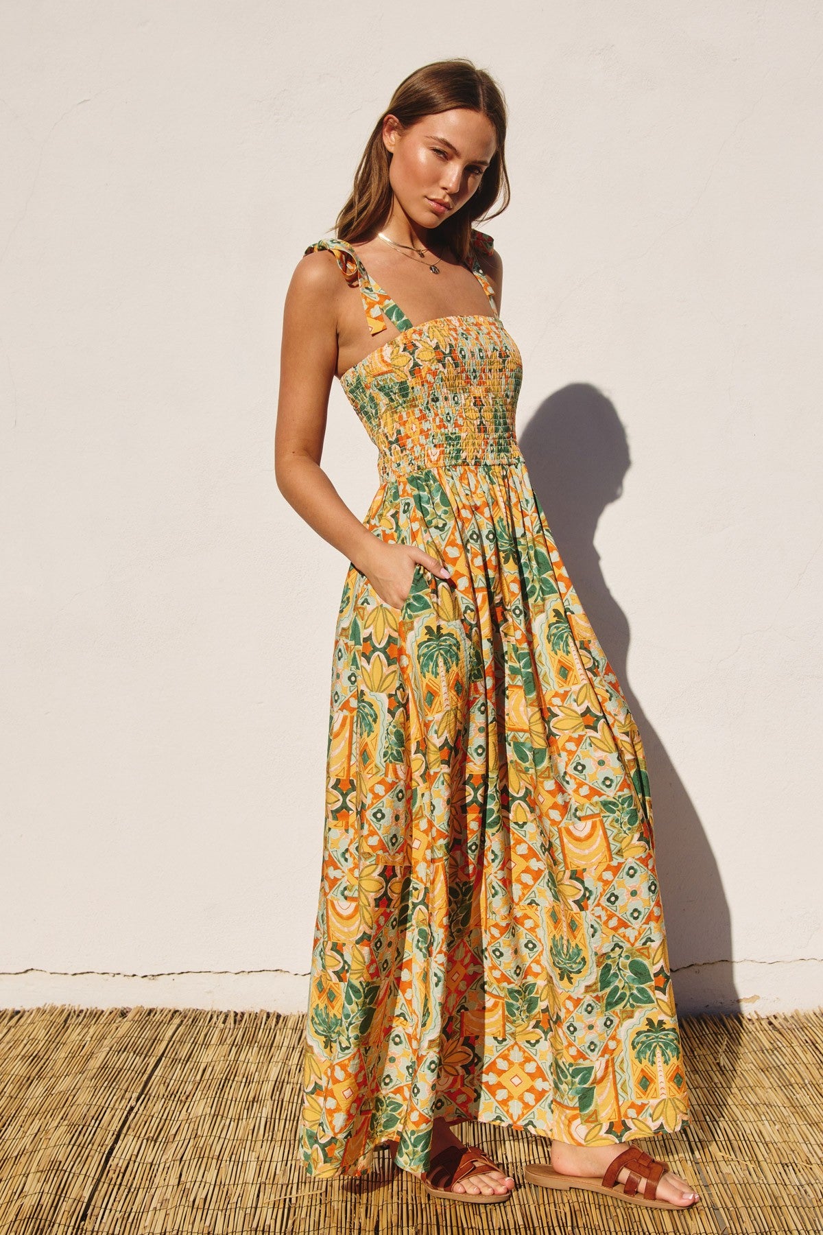 Yellow Floral Smocked Shoulder Tie Maxi Dress – PinkBlush