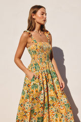 Yellow Floral Smocked Shoulder Tie Maxi Dress