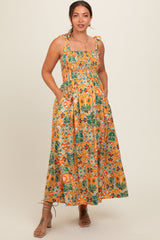 Yellow Floral Smocked Shoulder Tie Maternity Maxi Dress