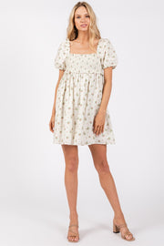 Ivory Floral Puff Short Sleeve Mini Dress