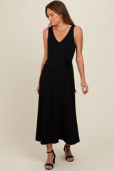 Black Pleated V-Neck Waist Tie Sweater Maxi Dress