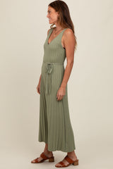 Light Olive Pleated V-Neck Waist Tie Sweater Maxi Dress