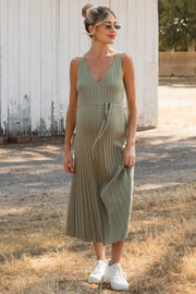 Light Olive Pleated V-Neck Waist Tie Sweater Maternity Maxi Dress