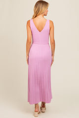 Pink Pleated V-Neck Waist Tie Sweater Maxi Dress