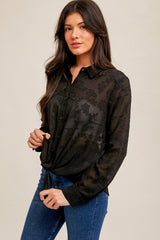 Black Tie Waist Chiffon Jacquard Button Down Blouse