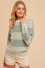 Sage Crew Neck Oversized Two-Tone Stripe Sweater