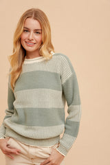 Sage Crew Neck Oversized Two-Tone Stripe Sweater