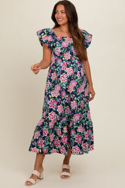 Navy Blue Floral Square Neck Puffy Sleeves Maternity Dress