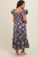 Navy Blue Floral Square Neck Puffy Sleeves Maternity Dress