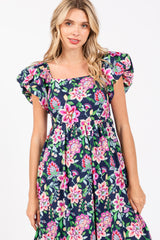 Navy Blue Floral Square Neck Puffy Sleeves Dress