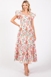 Cream Floral Square Neck Puffy Sleeves Dress