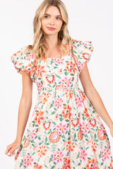 Cream Floral Square Neck Puffy Sleeves Dress