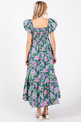 Green Floral Square Neck Puffy Sleeves Dress