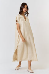 Cream Linen Fringe Accent Side Slit Midi Dress