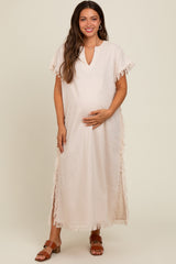 Cream Linen Fringe Accent Side Slit Maternity Midi Dress