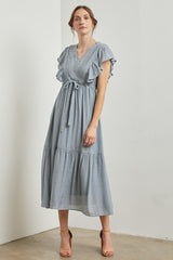 Light Blue Cuffed Sleeve Front Tie Maternity Maxi Dress