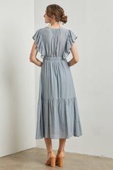 Light Blue Cuffed Sleeve Front Tie Maxi Dress