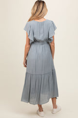 Light Blue Cuffed Sleeve Front Tie Maternity Maxi Dress