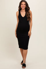 Black Ribbed Sleeveless Fitted Maternity Dress