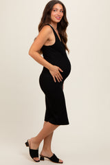 Black Ribbed Sleeveless Fitted Maternity Dress