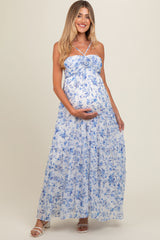 Blue Floral Halter Maxi Maternity Dress