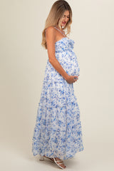 Blue Floral Halter Maxi Maternity Dress