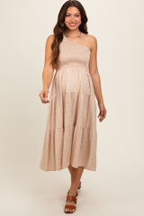 Beige Floral Linen Smocked One Shoulder Tiered Maternity Midi Dress