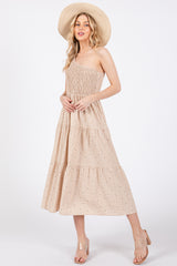 Beige Floral Linen Smocked One Shoulder Tiered Midi Dress