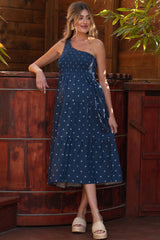 Navy Blue Floral Linen Smocked One Shoulder Tiered Maternity Midi Dress