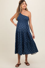 Navy Blue Floral Linen Smocked One Shoulder Tiered Maternity Midi Dress