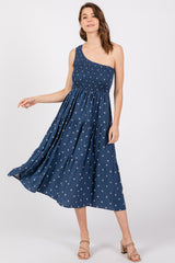 Navy Blue Floral Linen Smocked One Shoulder Tiered Maternity Midi Dress