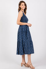 Navy Blue Floral Linen Smocked One Shoulder Tiered Midi Dress