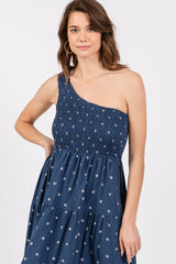 Navy Blue Floral Linen Smocked One Shoulder Tiered Midi Dress