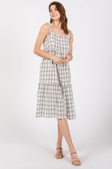 Ivory Plaid Shoulder Tie Maternity Midi Dress