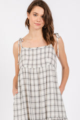 Ivory Plaid Shoulder Tie Midi Dress