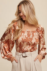 Rust Silky Satin Floral Smocked Square Neck Blouse Top