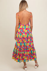 Multi-Color Floral Low Back Tiered Maternity Midi Dress