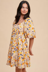 Multicolor Floral Print Puff Sleeve Dress