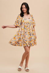 Multicolor Floral Print Puff Sleeve Dress