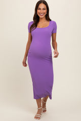 Purple Ribbed Fitted Maternity Midi Dress