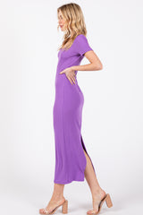 Purple Ribbed Fitted Midi Dress