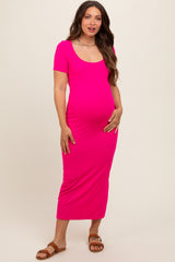 Fuchsia Ribbed Fitted Maternity Midi Dress