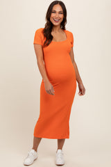 Orange Ribbed Fitted Maternity Midi Dress