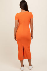 Orange Ribbed Fitted Maternity Midi Dress