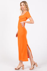 Orange Ribbed Fitted Midi Dress