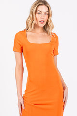 Orange Ribbed Fitted Midi Dress